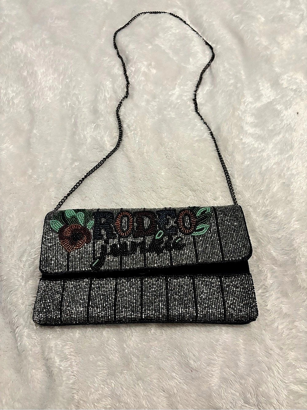 Rodeo Junkie Beaded Chain Shoulder Clutch in Black & Silver Like New